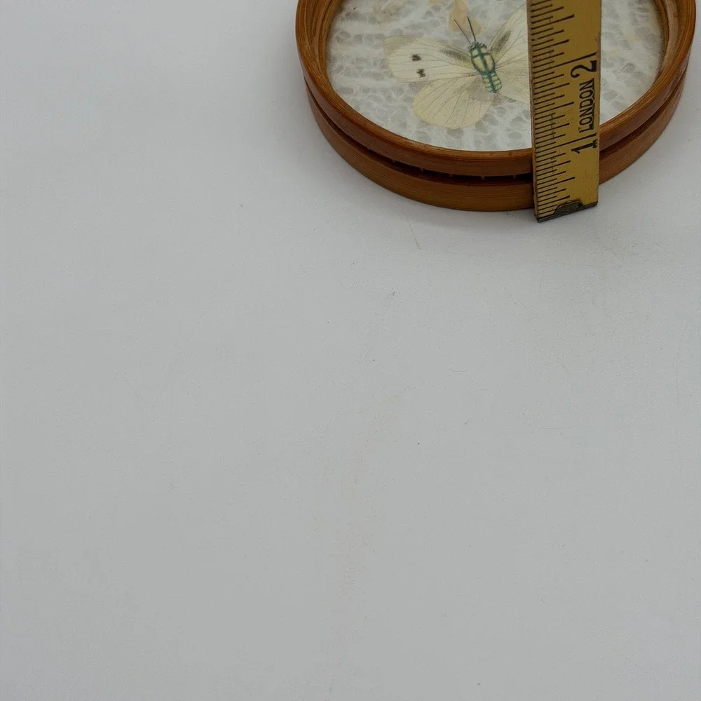 Vintage Bamboo Coasters Set of‎ 2 Pressed Butterfly Lace Inlay Glass Round 4in